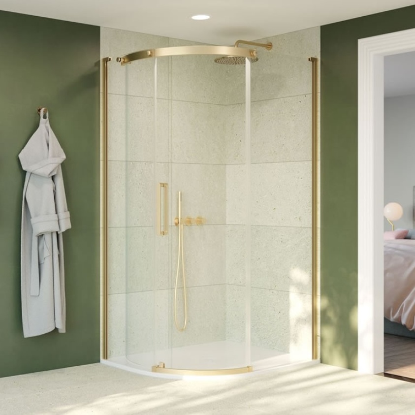 Lifestyle image of Crosswater Optix 10 Brushed Brass Offset Quadrant Shower Enclosure